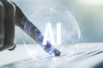 Wall Mural - creative artificial intelligence symbol concept with hands typing on computer keyboard on background