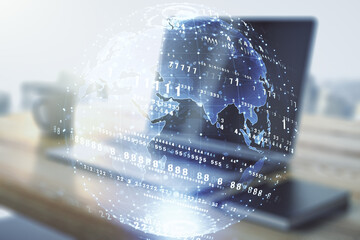 Wall Mural - multi exposure of abstract graphic coding sketch with world map and modern desktop with pc on backgr