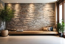 Rustic Interior Home Design Of Entrance Hall With Tree Trunk Wooden Bench And Stone Cladding Wall