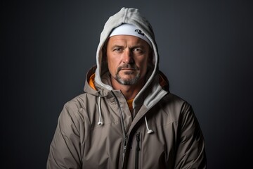 Portrait of a middle-aged man wearing a hooded jacket and a cap