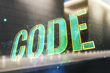 Wall Mural - code word hologram on modern business center exterior background, artificial intelligence and neural
