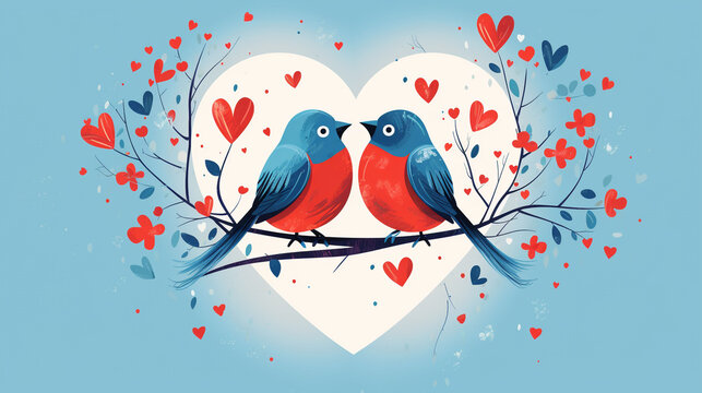 Valentine's Day, A couple of Romantic birds are hugging, in heart shape illustration