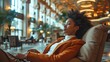 In the atrium of an opulent hotel, an African American woman traveler is placing drink and meal orders, Generative AI.