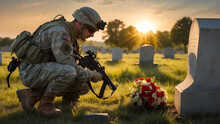 Soldier Grave Respect Tomb Stone Flowers Rifle Sunset