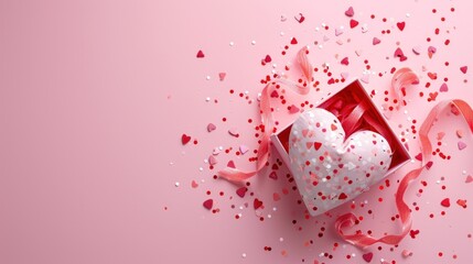 Wall Mural - One heart gift box lies from below on a pink background with copy space from above, close-up side view. Valentine's day concept