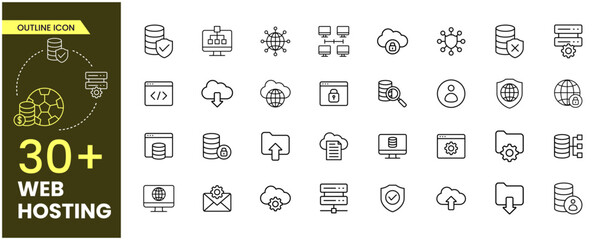 Web Hosting Outline icon set. Containing web design, internet, content, SEO, hosting, server, homepage and e-commerce icon. Outline icon collection. Vector illustration.
