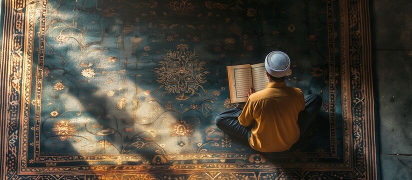 Top and back view Muslim man sitting praying on sajadah prayer mat. holding and read Quran in islamic mosque, Ramadan kareen and eid fitr or adha mubarak day background illustration, Generative AI