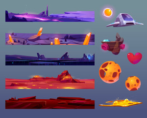 Wall Mural - set of space game ground layers and assets isolated on background. vector cartoon illustration of se
