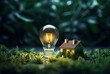 Light bulbs and small houses in nature, representing the concepts of ecology, solar energy and sustainability. Environmentally friendly energy into the natural environment.