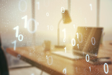 Wall Mural - creative abstract binary code sketch on modern laptop background, hacking and matrix concept. multie