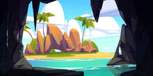 Tropical Island Seen From Dark Cave. Vector Cartoon Illustration Of Summer Seascape With Piece Of Land In Sea, Palm Tree And Rocky Mountain On Sandy Beach, Transparent Water In Cliff Grotto, Blue Sky