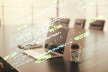 Wall Mural - abstract creative coding concept on modern laptop background. multiexposure