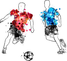 Wall Mural - soccer players in action. football game vector illustration with blue and red paint splashes and lin