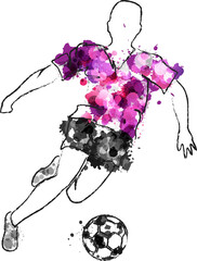 Wall Mural - soccer player in action, kicking ball for winning goal. football game vector illustration with purpl