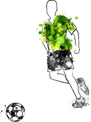 Wall Mural - soccer player in action, kicking ball for winning goal. football game vector illustration with green