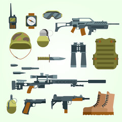 military armor weapon guns icons flat set automatic weapon protective goggles illustration grenade