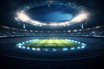 Wall Mural - Background of sports stadium at night with defocused 3D lighting in football and cricket. Generative AI