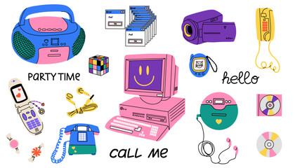 Wall Mural - Retro electronics. Computer, flip phone and record player. Tamagochi, headphones and video, camera. Y2k cute stylish attributes. 1990s 2000s style cartoon isolated vector nostalgia illustration