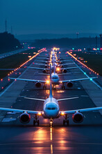 Planes lined up at the airport waiting for take off