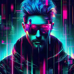 Wall Mural - Create a cyberpunk portrait of yourself using neon colors and glitch effects.dj in action