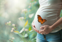 Pregnant Woman In White T-shirt And Jeans, Harmoniously Connected With Nature As A Large Beautiful Butterfly Alights On Her Blossoming Tummy, Set Against The Enchanting Backdrop Of A Flower Meadow