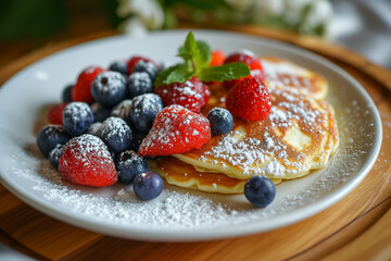 Wall Mural - Japanese soft pancakes with berries sprinkled with powdered sugar
