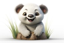  A White Bear Sitting On Top Of A Wooden Stump With Grass Growing Around It's Sides And Smiling At The Camera.