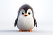 a cute little penguin with big eyes and a furry tail is standing in front of a white background and looks at the camera.