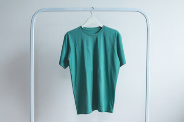 Wall Mural - Blank tosca t-shirt mockup hanging on a white rack clothes, front view.