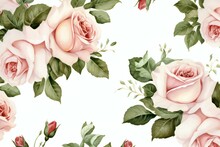 Seamless Pattern With Pink Roses And Green Leaves On A White Background