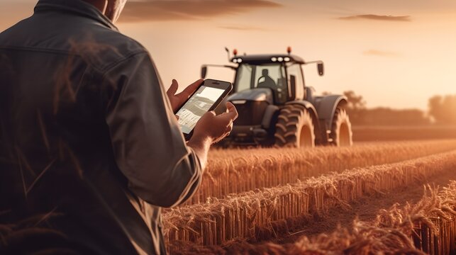 A farmer using his smart phone in the fields remotely