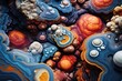  a close up view of a mixture of different colors and sizes of rocks and rocks with bubbles and bubbles on them.