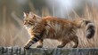 cat in the garden, a striking Maine Coon cat gracefully walking along a fence or wall, illustrating its natural agility and balance