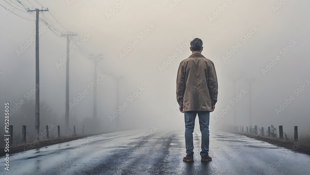 Sad Man Rear View rear view, sad man standing on the road in the fog Stock Photo | Adobe ...