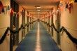 © Shooting Star Std - Festive office corridor lined with holiday garlands, ribbons, and stockings, Generative AI