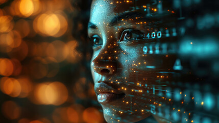 Close up business woman looking digital binary code interface , Modern cyber reality future technology concept