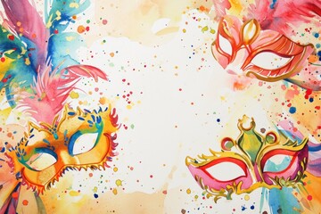 Festive background with elements of the holiday, masks, confetti, serpentine and bows framed around the edge of the picture, in the middle of the image there is an empty space for text