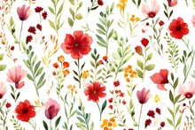 Seamless Pattern With Watercolor Flowers,  Hand-drawn Illustration