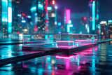 Fototapeta Zachód słońca - Urban Skyline Podium at Nighttransparent platform against a backdrop of a futuristic city skyline at night. neon cityscape