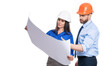 © be free - Inspection by supervisors in office. Project details. Supervisor colleagues. Engineer manager with assistant conduct inspection. Engineering inspection supervisor isolated on white. Copy space