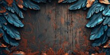 Blue And Copper Metal Bird Feathers On A Wooden Background In The Style Of Intricate Woodwork Rendered In Maya Organic Stone Carvings Gothic Art Wallpaper Created With Generative AI Technology