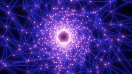 Shiny purple energy digital tunnel plexus made of lines and triangles hi-tech futuristic magical glowing bright round frame abstract background