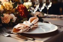  A White Plate Topped With A Bow On Top Of A Table Next To A Vase Filled With Flowers And A Knife And Fork.