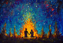 Oil Painting - A Couple In Love Sitting On A Bench By The Night Fire And Looking At The Night Sky - Romantic Landscape Illustration