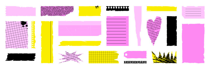 Wall Mural - Set of grunge jagged rectangle, irregular star, crown and heart shape. Black, pink and yellow torn paper sheet for sticker, collage, banner. Vector illustration isolated on white background.