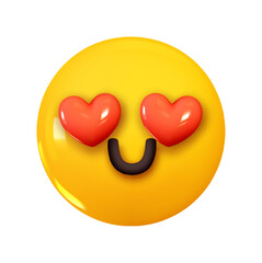 Wall Mural - smiling face emoji with hearts instead of eyes. emotion 3d cartoon icon. yellow round emoticon. vect