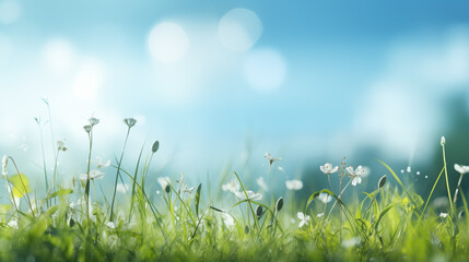 Wall Mural - A fresh spring sunny garden background of green grass and blurred foliage bokeh.