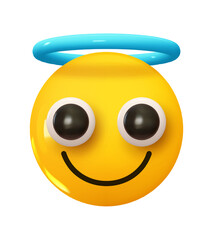 Wall Mural - emoji smiling face with halo blue ring. emotion 3d cartoon icon. yellow round emoticon. vector illus