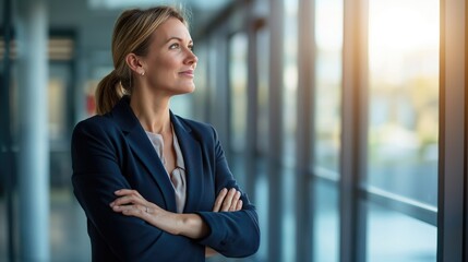 Wall Mural - Senior businesswoman wearing suit standing in office arms crossed looking away thinking of success.