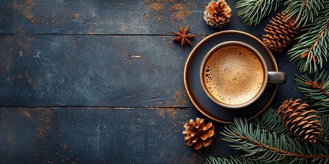 Wall Mural - Coffee cup brimming with holiday spirit during Christmas warm drink winter background Xmas decorations wooden table hot beverage signifying festive cheer of new year merry and seasonal